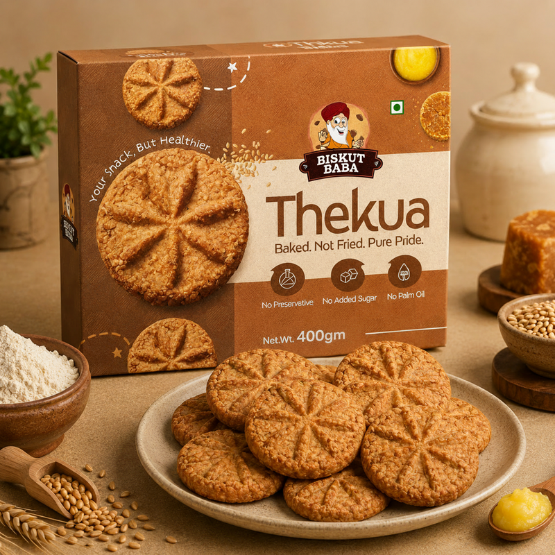Bisket Baba Thekua cookies with packaging and ingredients on a table